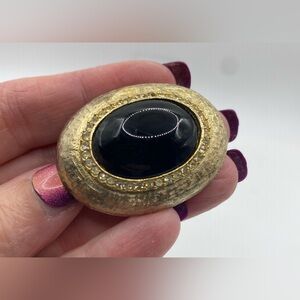 Brushed Gold Tone Brooch with Black Cabochon Outlined With Rhinestones Unstamped